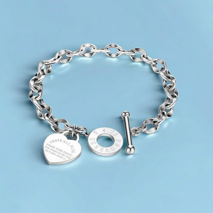 Heart Charm Bracelet Plated 18K Gold/Silver/Rose Gold Bible Scripture Heart Bracelet for Women Jewelry Gift Zircon Her Link Chain OT Clasp Stainless Steel Birthday - color: Silver, size: 9.1 inch