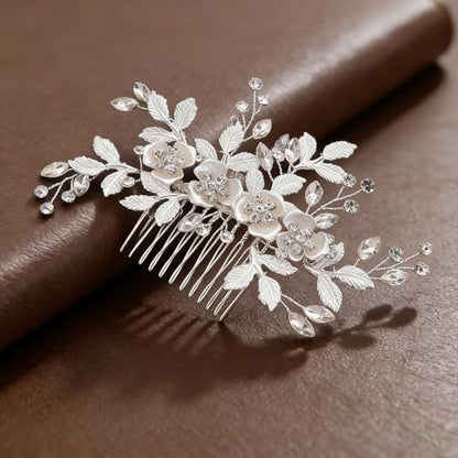 Flower Leaf Design Wedding Hair Comb, Metal Bridal Hair Accessory with Rhinestone, Wedding Prom Hair Clip Headpiece for Women (Silver Flower Leaf) - color: Silver Flower Leaf