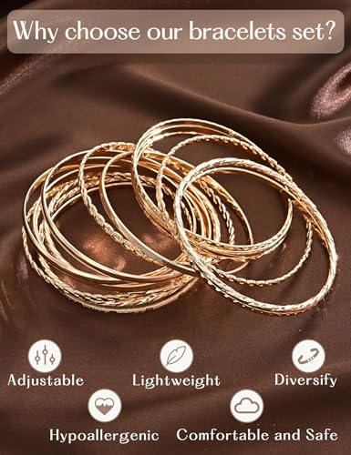 YEEZII Gold Bangle Bracelets for Women, 12 Pcs Indian Boho Stackable Set, Multi Layer Textured 14K Gold Plated Adjustable Bracelets Jewelry Set - color: GoldB-16Pcs