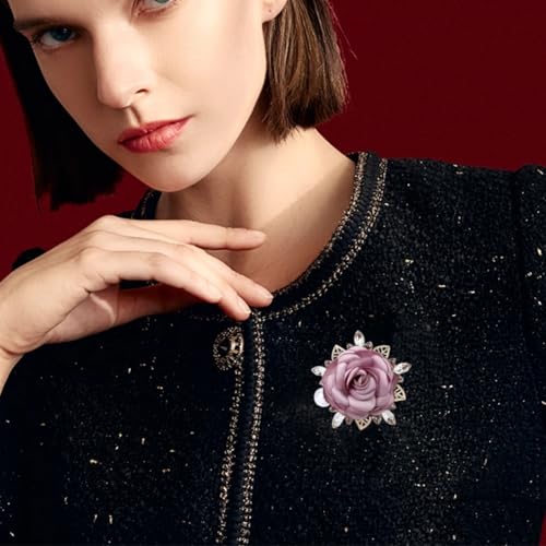 Handmade Elegant Red Rose Flower Brooch Pin for Women Crystal Pearl Fabric Flower Lapel Pin Dress Suit Accessories - color: Purple
