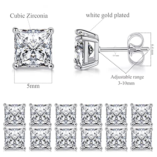 Stud Earring Set for Women Men 18K Yellow/White Gold Plated Princess Cut 4 Prong Graduated Square Clear Cubic Zirconia Pakc of 6 Pairs 3-7mm - color: White gold-5mm-6 pairs
