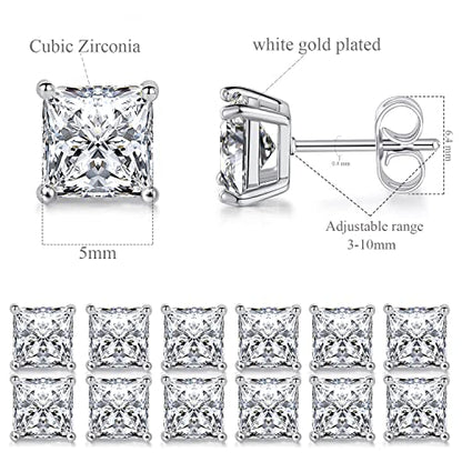 Stud Earring Set for Women Men 18K Yellow/White Gold Plated Princess Cut 4 Prong Graduated Square Clear Cubic Zirconia Pakc of 6 Pairs 3-7mm - color: White gold-5mm-6 pairs