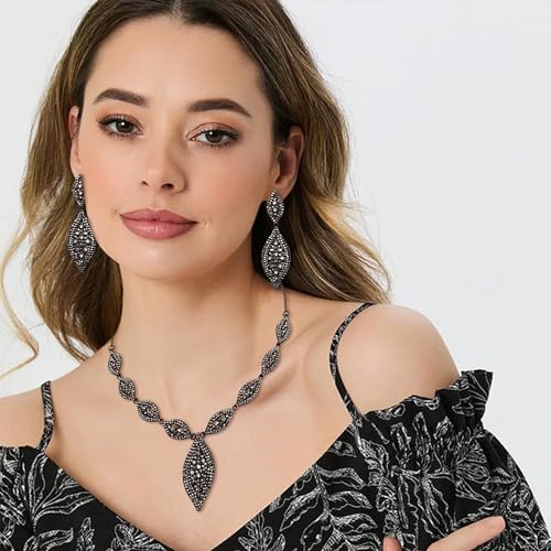 Flyonce Wedding Jewelry Set Rhinestone Crystal Bridal Leaf Necklace Drop Dangle Chandelier Earrings Sets for Women - color: Charcoal Grey