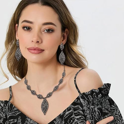 Flyonce Wedding Jewelry Set Rhinestone Crystal Bridal Leaf Necklace Drop Dangle Chandelier Earrings Sets for Women - color: Charcoal Grey