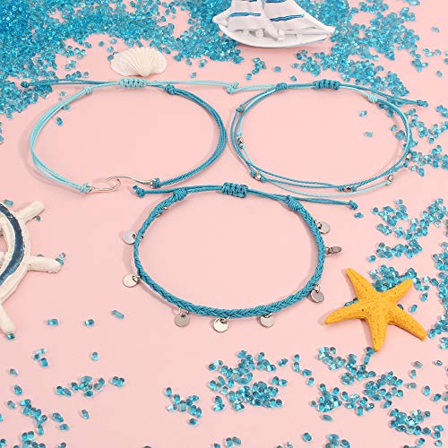 Waterproof String Anklets Cute Beaded Ankle Bracelets Beach Wave Anklet Stainless Steel Coin Boho Ankle Jewelry for Women - color: Blue
