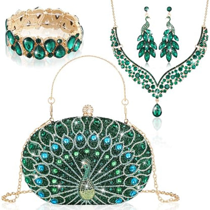 Quelay 4 Pcs Purse Rhinestone Jewelry Set Women | Wedding Bridal Prom Jewelry Sparkly Clutch Handbag with Necklace Bracelet Dangle Earrings Shiny Costume Kit - color: Green, style: Luxurious