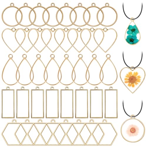 Oubaka 50pcs Open Bezels 5 Styles Hollow Frames Pendants Geometric Hollow Bezel Pendant Open Back Frame Pendant for Resin Casting, Necklace, Earrings, Pressed Flower, DIY Crafts(K Gold) - color: 50pcs;K Gold;5 Styles
