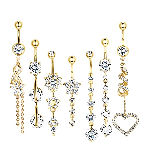 LOLIAS 7 Pcs Surgical Steel Dangle Belly Button Ring Piercing for Women | Hypoallergenic Long Belly Rings Gold Silver 14G Navel Button Piercing CZ Flower Heart Curved Navel Piercing Jewelry - color: C:Gold-tone