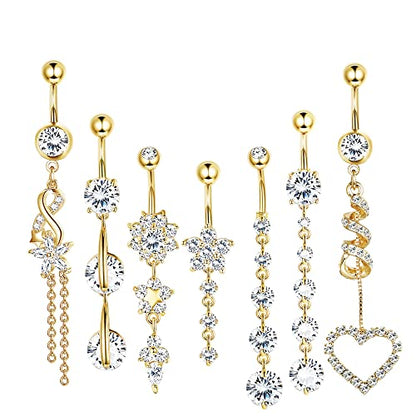 LOLIAS 7 Pcs Surgical Steel Dangle Belly Button Ring Piercing for Women | Hypoallergenic Long Belly Rings Gold Silver 14G Navel Button Piercing CZ Flower Heart Curved Navel Piercing Jewelry - color: C:Gold-tone