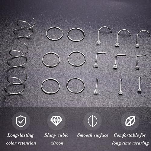 22G 18Pcs G23 Titanium Nose Rings Hoops for Sensitive Skin Double Nose Rings L Shaped Nose Studs Hypoallergenic Nose Piercings Jewelry - color: Silver