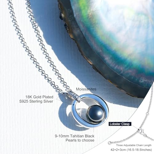 Genuine Tahitian Black Pearl Necklace for Women, 9-11mm AAAA Seawater Pearl with Sterling Silver Moissanite Pendant, Jewelry Gift for Wife, Mom, Girlfriend, Wedding Anniversary, Birthday, Christmas - size: 9-10mm, style: Halo Embrace