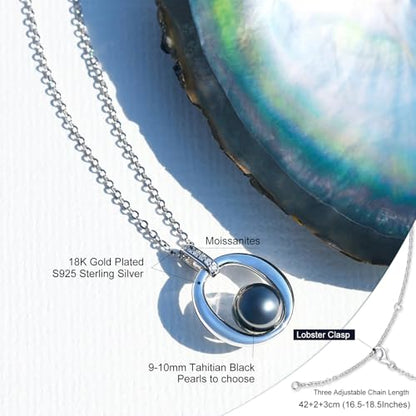 Genuine Tahitian Black Pearl Necklace for Women, 9-11mm AAAA Seawater Pearl with Sterling Silver Moissanite Pendant, Jewelry Gift for Wife, Mom, Girlfriend, Wedding Anniversary, Birthday, Christmas - size: 9-10mm, style: Halo Embrace