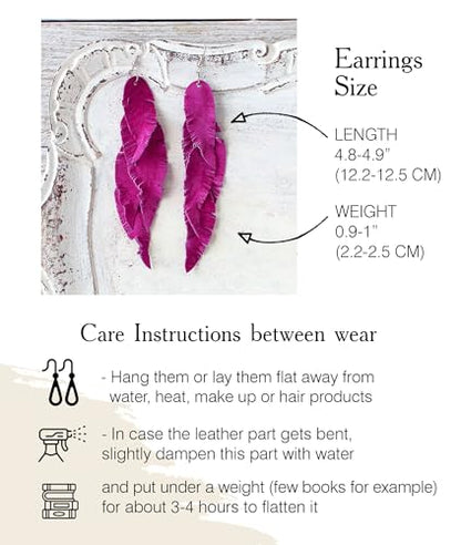 Leather Feather Earrings, Suede layered earrings, boho wedding jewelry, summer earrings, gift for her, dangle earrings - color: Bright pink