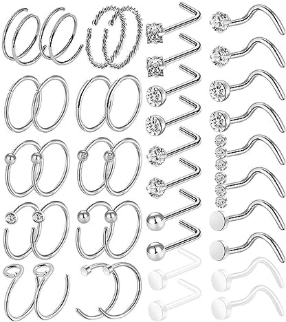 ONESING 9-40 Pcs Nose Rings - Hoops, Studs & L Shape - Hypoallergenic Stainless Steel Nose Piercings for Women & Men - color: Silver-40Pcs