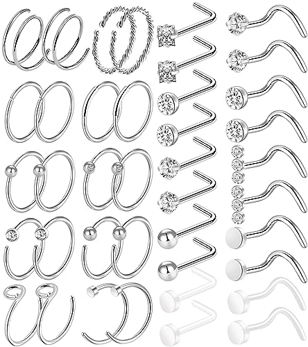 ONESING 9-40 Pcs Nose Rings - Hoops, Studs & L Shape - Hypoallergenic Stainless Steel Nose Piercings for Women & Men - color: Silver-40Pcs
