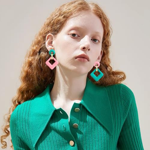 70s 80s Vintage Resin Neon Square Dangle Drop Earrings Simplicity Acrylic Hollow Round Circle Geometry Stud Earrings for Women - style: Blue Pink