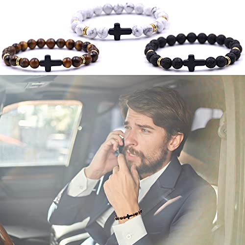 Beaded Bracelets Cross Bracelet for Women Men Lava Rock Turquoise Tiger Eye Natural Bracelet Anxiety Healing - color: 3Pcs-black cross