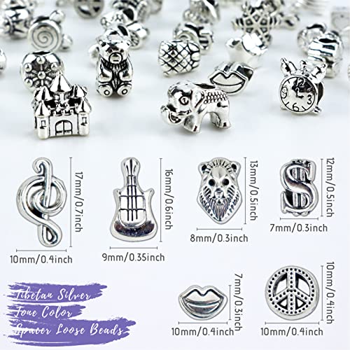 JIALEEY Wholesale Bulk Mix 40 Pcs Tibetan Silver Tone Color Spacer Loose Beads Fit European Charm Bracelet Lot for Jewelry Making Findings DIY