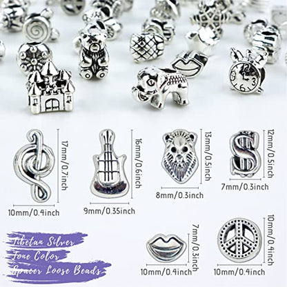 JIALEEY Wholesale Bulk Mix 40 Pcs Tibetan Silver Tone Color Spacer Loose Beads Fit European Charm Bracelet Lot for Jewelry Making Findings DIY
