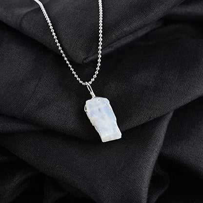 Natural Raw White Moonstone Gemstone Pendant Necklace, Rough Stones, Chakra Healing Crystals, Silver Plated, Birthstone, Handmade, Wedding, Women Jewelry, Valentine Gift, Size 18"