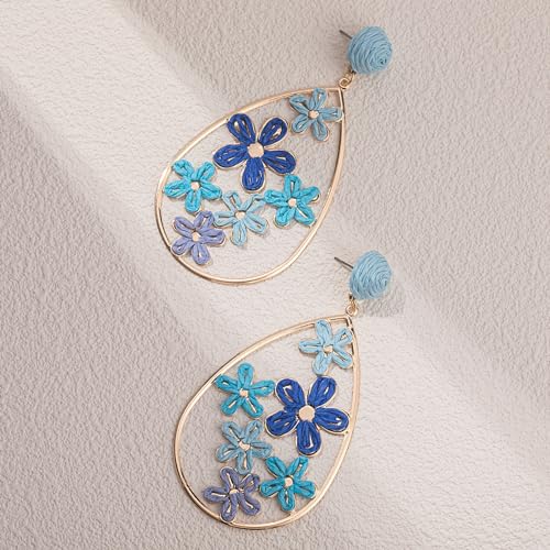 Boho Raffia Flower Teardrop Earrings Cute Colorful Dangle Trendy Jewelry | Floral Drop Statement Big Dangling Earring Hypoallergenic Gold Fun Unique Summer Spring Beach Vacation Outfits for Women - color: Blue