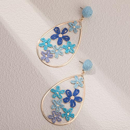 Boho Raffia Flower Teardrop Earrings Cute Colorful Dangle Trendy Jewelry | Floral Drop Statement Big Dangling Earring Hypoallergenic Gold Fun Unique Summer Spring Beach Vacation Outfits for Women - color: Blue