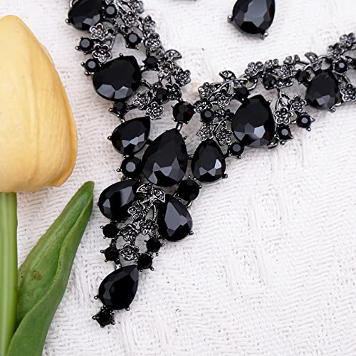 CSY Elegant Crystal Costume Jewelry Sets Flower Bridal Necklace Earrings Stretch Bangle Set for Bride Bridesmaid Wedding Dress Accessories - color: black