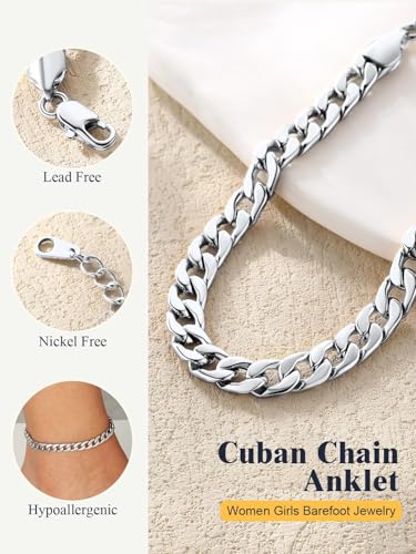 U7 Ankle Bracelets for Women Stainless Steel Waterproof Tarnish Resistant | 18K Gold Plated/Silver/Rose Gold Anklets, Cuban Chain Anklet Bracelets, Perfect for Summer Beach and Vacation Outfits - color: Platinum Plated-5mm-Cuban Chain