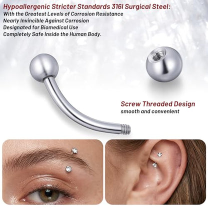 6 Pcs Bridge Piercing Jewelry - Stainless Steel Curved Barbell Piercing Jewelry, 16 Gauge 10mm Eyebrow Rings, Nose Bridge, Surface Tragus Earrings