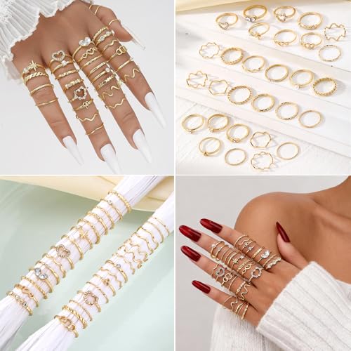 CHICUTIE Gold Knuckle Rings Set For Women Stackable Joint Finger Midi Rings Dainty Cubic Crystal Zirconia Simple Hollow Twist Cute Rings Pack Jewelry Gift - style: 52pcs Gold