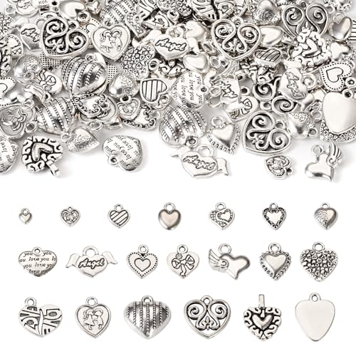 Elecrelive Crystal Heart Charms Rhinestone Heart Pendants Valentine Charms for Necklace Bracelet Earring Wedding Jewelry - color: Antique Silver, 100pcs