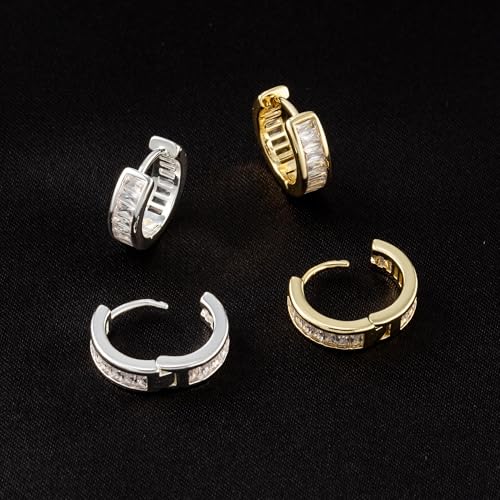 Hoop Earrings for Men - 14K Gold Plated Cartilage Huggie Earrings | Cubic Zirconia, Lightweight, CZ Inlaid, Hypoallergenic for Sensitive Ears, Mens jewelry Gift for Him - style: silver baguette cz