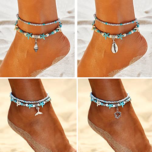 Suyi 5pcs Ankle Bracelets for Women Layered Beach Adjustable Anklets Boho Chain Anklet Foot Jewelry - color: 5pcs Set 3