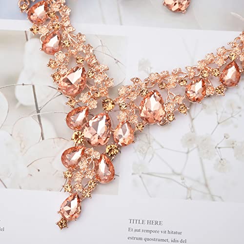 CSY Elegant Crystal Costume Jewelry Sets Flower Bridal Necklace Earrings Stretch Bangle Set for Bride Bridesmaid Wedding Dress Accessories - color: peach crystal-rose gold tone