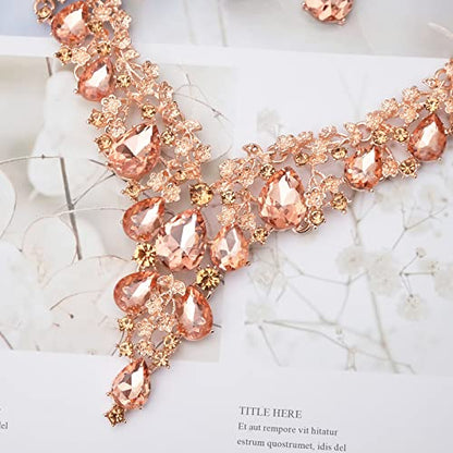 CSY Elegant Crystal Costume Jewelry Sets Flower Bridal Necklace Earrings Stretch Bangle Set for Bride Bridesmaid Wedding Dress Accessories - color: peach crystal-rose gold tone