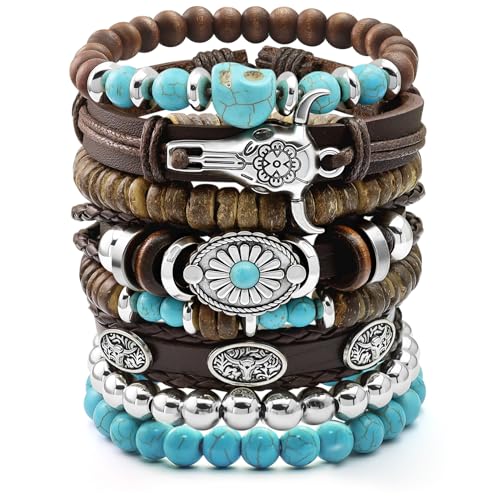 Stack Turquoise Western Bracelets for Women Boho Turquoise Beaded Concho Bangle Ox-Head Charm Cowboy Chic Bracelets Western Jewelry Cowgirl Accessory for Country Concert Outfits - color: Turquoise Skull