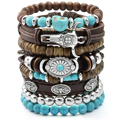 Stack Turquoise Western Bracelets for Women Boho Turquoise Beaded Concho Bangle Ox-Head Charm Cowboy Chic Bracelets Western Jewelry Cowgirl Accessory for Country Concert Outfits - color: Turquoise Skull