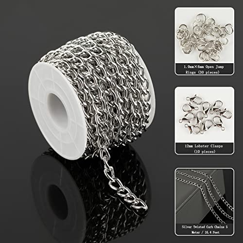 16.4 Feet Twisted Curb Chain Links Silver Plated Aluminum Bracelet Necklace Chain Bulk for DIY Craft Jewelry Making with Lobster Clasps and Jump Rings - color: 7×10mm-Silver