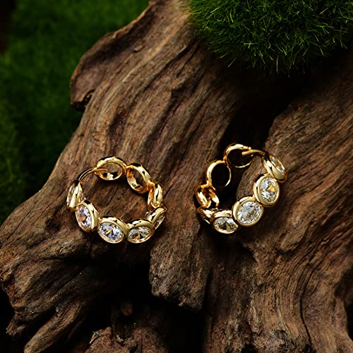 Huggie Hoop Earrings 14K Gold Plated Cubic Zirconia Dainty Simple Cute Beads Elegant CZ Circle Small Hoop Earring for Women Minimalist Handmade Hypoallergenic Jewelry - color: CZ-Row