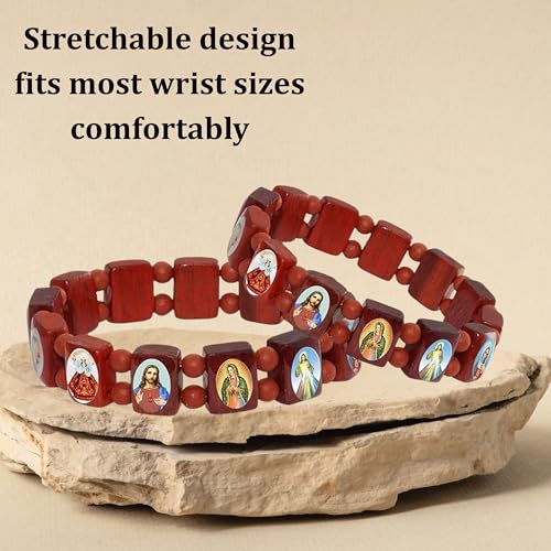 Catholica Shop Devotional Catholic Religious Wood Stretch Bracelets. Small and Large Panels with Assorted Images of Saints, Jesus and Mary. Unisex. Handcrafted in Brazil - style: Small Panel Red Tone