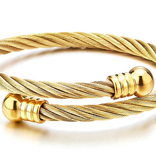 COOLSTEELANDBEYOND Elastic Adjustable Steel Twisted Cable Cuff Bangle Bracelet for Mens for Women - color: C-Metal Color: Gold