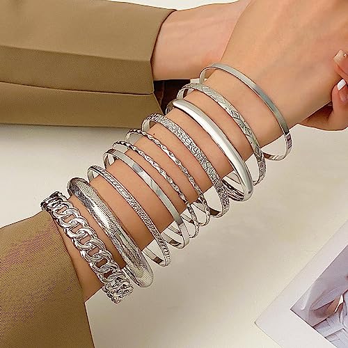 Gold Bangle Bracelets for Women, 14k Gold Plated Multi Layer Textured Stackable Open Bracelet Set Boho Indian Bangles Stackable Set Trendy Elegance Charms Non Tarnish Minimalist Bangle Pack - style: Silver 10Pcs
