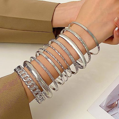 Gold Bangle Bracelets for Women, 14k Gold Plated Multi Layer Textured Stackable Open Bracelet Set Boho Indian Bangles Stackable Set Trendy Elegance Charms Non Tarnish Minimalist Bangle Pack - style: Silver 10Pcs