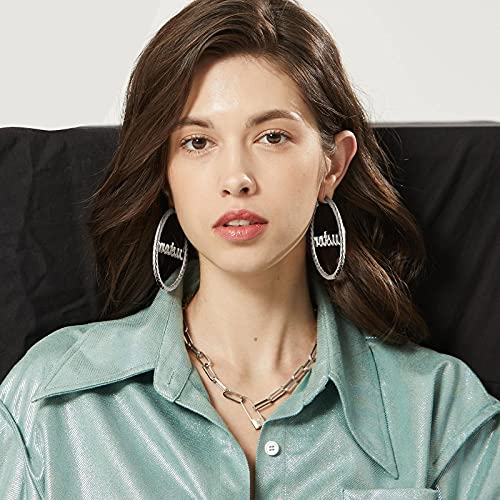 FindChic Chunky Hoop Earrings for Women, Silver/Black/14K Gold Plated Crossover Patterned Hollow Tube Rounded Loop Earrings, 30mm/40mm/60mm/80mm Hoops with Custom Name Options and Gift Box - color: e.Silver (Custom Name), size: 80MM