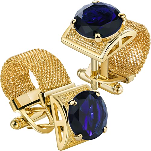 HAWSON Mens Cufflinks with Chain - Stone and Shiny Gold Tone Shirt Accessories - Party Gifts for Young Men - color: 24K Gold Color+Dark Blue Crystal