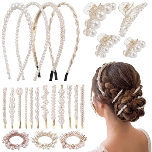 23 Pcs Pearl Hair Accessory Set, Including Faux Pearl Hair Clips,Headbands, and Gold Metal Clips, Women Fashion Hairs Accessories Styling Tools for Birthday Parties Gift Weddings Souvenirs