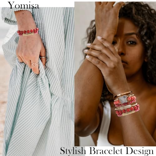 Yomisa 5PCS 6PCS Natural Boho Beaded Bracelets/Bangle for Women Men,Healing Turquoise Jasper Agate Crystal Gemstone Stone Chakra Multilayer Wrap Bohemian Handmade Jewelry Beads Stretch Bracelet Set - color: 6PCS-Red