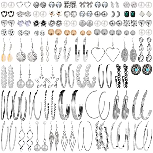 NEWITIN 69 Pieces Gold Jewelry Set for Women Fashion Costume Jewelry Gold Plated Necklace Bracelet Earrings Set for Women - color: Silver Earrings Set