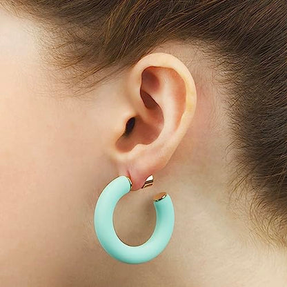 Gold Plated Multicolor Resin Chunky Thick Open Hoop Earrings in 57MM and 37.5MM Diameters - color: Green - Mint Green - Matte Finish, size: 37.5MM (1.48") Diameter