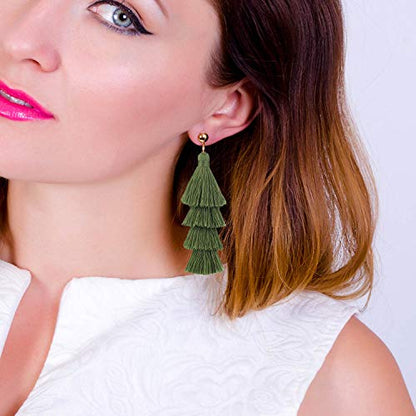 BaubleStar Bohemian Layered Tassel Drop Earrings for Women | Lightweight Statement Party Festival Jewelry - color: Green